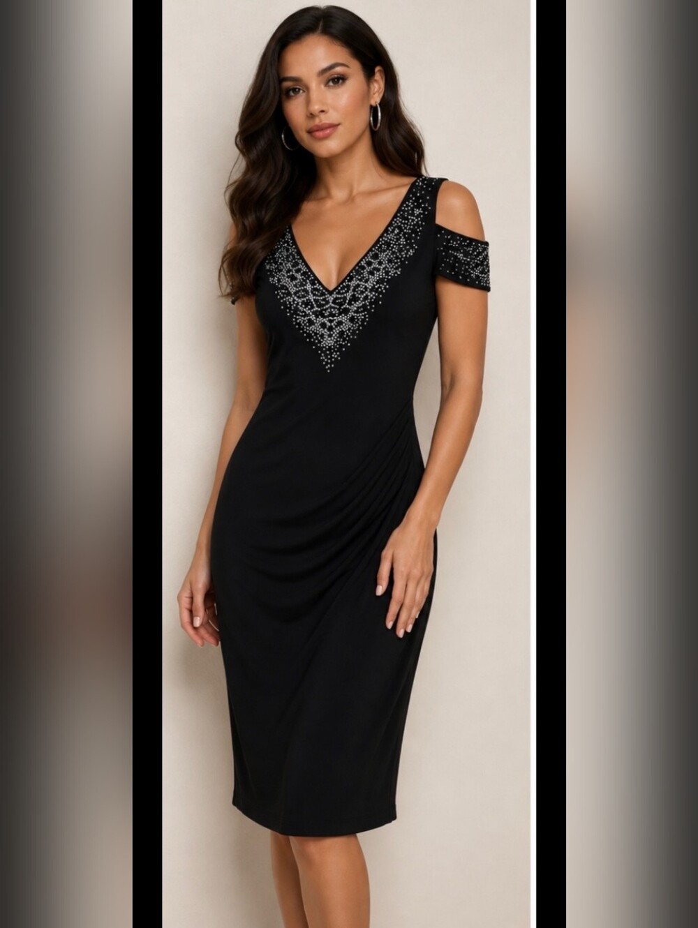 Cache Black Cold-Shoulder Midi Dress with Rhinestone V-Detail